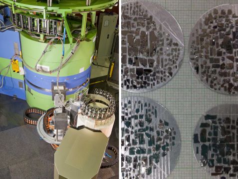 Links: Am MLZ nutzen die Forscher das kalte Dreiachsenspektrometer PANDA des JCNS, um magnetische Anregungen zu untersuchen, die mit unkonventioneller Supraleitung in Verbindung gebracht werden.
Rechts: Für die inelastischen Neutronenstreu-Experimente mussten Hunderte winzige Probenstückchen eines unkonventionellen Supraleiters aus der Klasse der Schwere-Fermionen-Verbindungen ausgerichtet und auf Aluminiumplatten geklebt werden. © Eckert/Heddergott, Technische Universität München, Yu Song/Rice University Untersuchung der Hochtemperatursupraleitung am PANDA